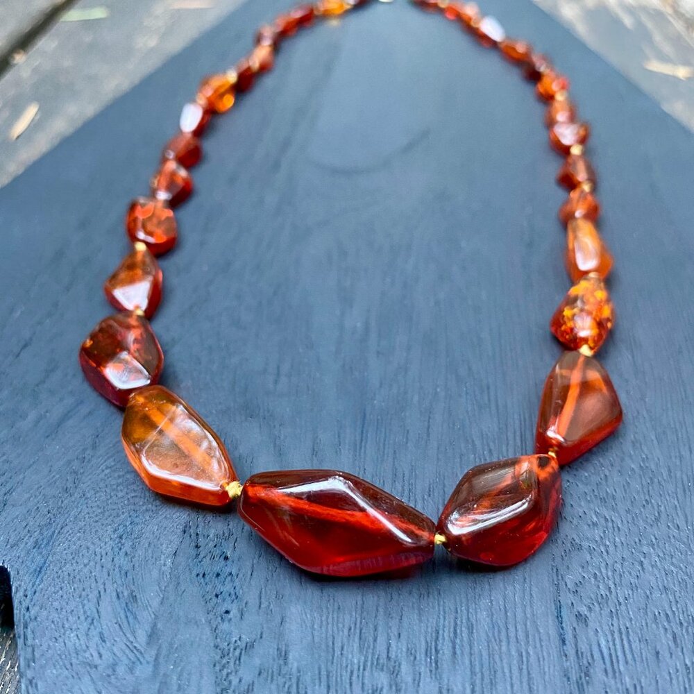 Art Deco Honey-Cognac Baltic Amber Beaded Necklace, Geometric Carved Beads 24”